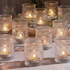 24pcs Purple Votive Candle Holders for Table Centerpieces, Glass Tea Lights Candle Holder for Bridal Shower, Baby Shower Decrations, Boho Tea Party Purple Decor, Purple Gifts for Women