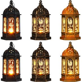 Blulu 6 Pcs Ramadan Lantern Moroccan Style Vintage Decorative LED Candles Hanging Lantern Battery Powered Eid Mubarak Light for Home Patio Tabletop Wedding Centerpeice Festival Decor Moon Star Light in Kuwait