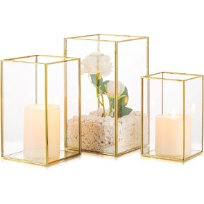 Inweder Glass Hurricane Candle Holder: 3Pcs Gold Square Hurricane Glass Candle Holders Rectangular Hurricanes Lantern Candle Holder Modern Large Candleholder for Wedding Christmas Home Decor