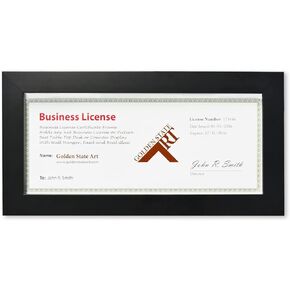 Golden State Art, Wood Frame for 4x9 Business License Certificate with Real Glass & Table-top Display, Black