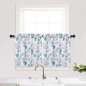 ستائر Haperlare لنوافذ المطبخ، ستائر مقهى مطبوعة بالأزهار، جيب قضيب متعدد الألوان بتصميم زهور ورقية، مجموعة ستائر نصف نافذة للحمام، 27 بوصة × 24 بوصة، أزرق مخضر/رمادي، مجموعة من 2 in Kuwait