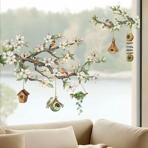 Supzone White Blossom Window Clings Branch Hummingbird Spring Window Decals Reusable Thicken Anti-Collision Double-Side Window Stickers for Living Room Home Window Glass Door Decoration