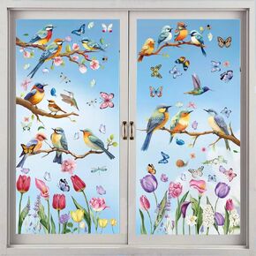 Vibrant Spring & Summer Window Clings - 78 PCS of Butterfly, Tree Branch Hummingbird, and Tulip Anti-Collision Window Stickers for Seasonal and Home Decor Delight