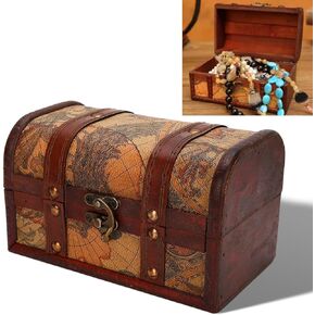 DAUERHAFT Treasure Chest, Wooden Vintage Style Boxes with Map Pattern, Handmade Jewelry Storage Case, Decoration Wood Organizer for Home Office Jewelry Ornaments Gifts