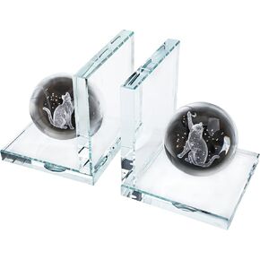 4'' Tall Crystal Book Ends for Shelves - Modern Crystal Bookends with Crystal Ball,3D Engraved Cat Decorative Bookends - Sturdy Book Holders for Heavy Books (1 Pair,Clear)
