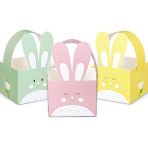 Whaline 24pcs Easter Treat Boxes Happy Easter Gift Box with Handle Cute Bunny Rabbit Easter Basket Containers Rabbit Shape Candy Goody Cookie Box Holder for School Classroom Party Favor Supplies