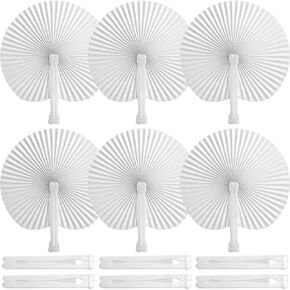 JOHOUSE 12PCS Folding Handheld Fans, White Paper Fans Bulk Round Shaped Accordion Fans with Plastic Handle for Wedding Birthday Party DIY Supplies