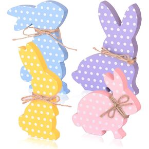 4Pcs Easter Bunny Decorations, Wooden Rabbit Shaped Tabletop Centerpieces Table Signs with Rope Farmhouse Easter Decor for the Home Office Dining Room