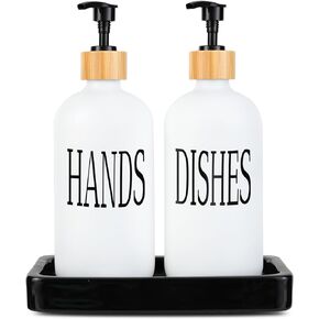 Emerson Soap Dispensers with Stainless Steel Pumps + 100% Stoneware Black Tray | Kitchen Sink Dish Soap and Bathroom Hand Wash Glass Bottles Set | Waterproof | 16 Oz | Set of 2 (Black/Matte Gold)