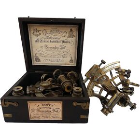 J. Scott London Brass Ship History Sextant with Hardwood Box.J. Scott London Brass Ship History Sextant with Hardwood Box.