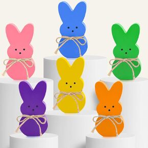 AKEROCK Easter Decorations Indoor, 6PCS Wooden Peeps Easter Bunny Decor for Table, Tiered Tray, Mantel - Spring Easter Decor for The Home