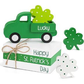 AKEROCK St Patricks Day Decorations, Wooden Book Stack & Green Truck & 3 Shamrock Block for Tiered Tray, Coffee Table, Floating Shelf and Mantel Decor - Saint Patricks Day Decorations for Home