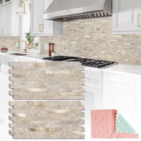 2 Sheets Peel and Stick Backsplash for Kitchen, Sandstone with Metal Gold Look Stick on Tile Upgrade Your Kitchen Backsplash, RV, Fireplace