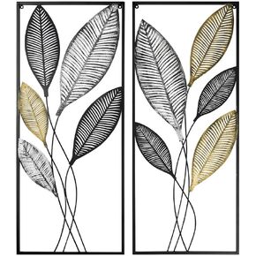 Metal Wall Decor Set of 2, Leaf Art Wall Hanging Home Decor with Frame, Tree of Life Accent Home Decor, Metal Wall Decoration Sculptures for Living Room, Office, Home, Hotel, Indoor, 14" W x 35" H