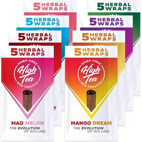 High Tea - Non Tobacco - All Natural Herbal Smoking Wraps - Variety Pack (All Flavors) - Peach, Strawberry, Honey, Melon, Mango, Sweet, Grape, Apple incl Frugal Smoker Sticker