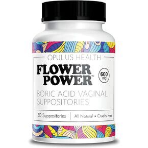 Flower Power Vegan Boric Acid Suppositories - 30 Capsules - 600mg for Vaginal Odor and pH Balance - Made in USA
