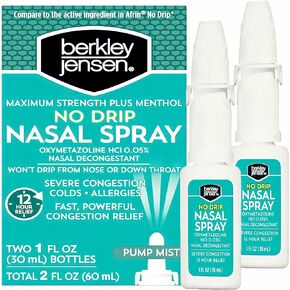 berkley jensen No Drip Severe Congestion Nasal Spray - Maximum Strength Decongestant with Oxymetazoline HCl & Menthol - Pump Mist Applicator, No Steroid, 12 Hour Relief, 1 Fluid Ounce (Pack of 2)