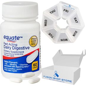 Equate Dairy Digestive Supplement-Lactose Intolerance Pills-Fast Acting 60 ct (1 Pack), Set with Fusion Shop Store Week Case (1)