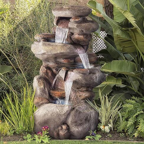 Alpine Corporation WIN316 4-Tiered Outdoor Floor Rock Water Fountain for Garden or Patio with Natural Stone Look, Light Gray in Saudi Arabia