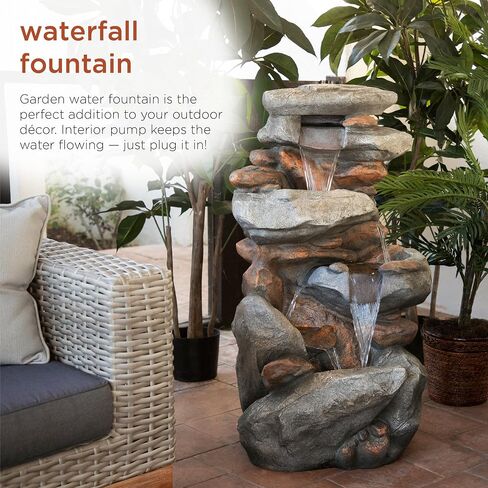 Alpine Corporation WIN316 4-Tiered Outdoor Floor Rock Water Fountain for Garden or Patio with Natural Stone Look, Light Gray in Saudi Arabia
