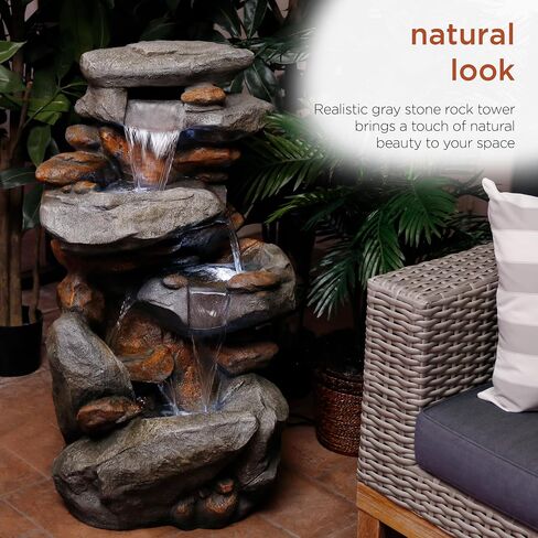 Alpine Corporation WIN316 4-Tiered Outdoor Floor Rock Water Fountain for Garden or Patio with Natural Stone Look, Light Gray in Saudi Arabia
