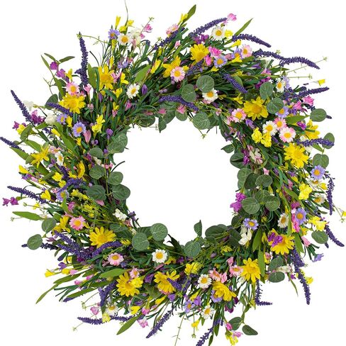 J'FLORU Spring Wreaths for Front Door 22 Inch Artificial Spring Wreath Summer Flower Wreath with Daisy and Lavender for Indoor Outdoor Wall Window and Easter Celebration in Saudi Arabia