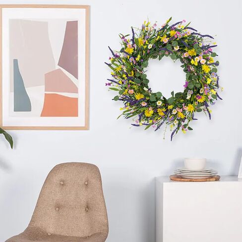 J'FLORU Spring Wreaths for Front Door 22 Inch Artificial Spring Wreath Summer Flower Wreath with Daisy and Lavender for Indoor Outdoor Wall Window and Easter Celebration in Saudi Arabia