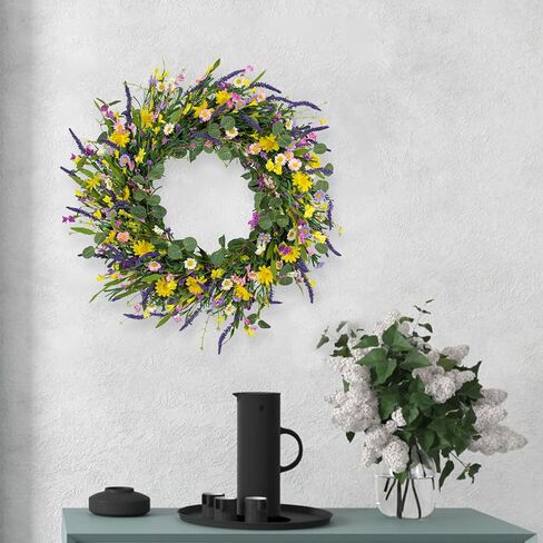 J'FLORU Spring Wreaths for Front Door 22 Inch Artificial Spring Wreath Summer Flower Wreath with Daisy and Lavender for Indoor Outdoor Wall Window and Easter Celebration in Saudi Arabia