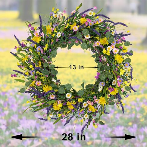 J'FLORU Spring Wreaths for Front Door 22 Inch Artificial Spring Wreath Summer Flower Wreath with Daisy and Lavender for Indoor Outdoor Wall Window and Easter Celebration in Saudi Arabia