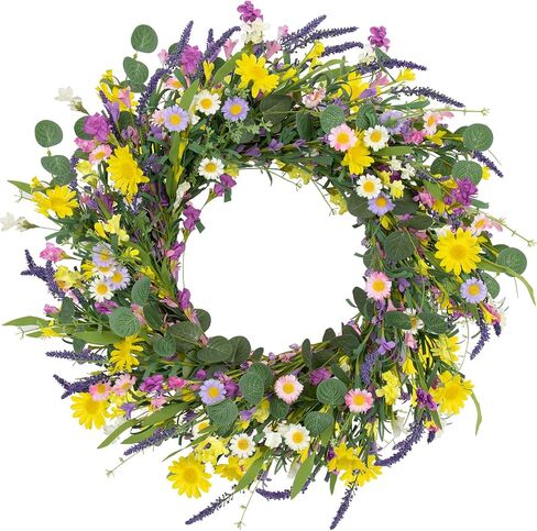 J'FLORU Spring Wreaths for Front Door 22 Inch Artificial Spring Wreath Summer Flower Wreath with Daisy and Lavender for Indoor Outdoor Wall Window and Easter Celebration in Saudi Arabia