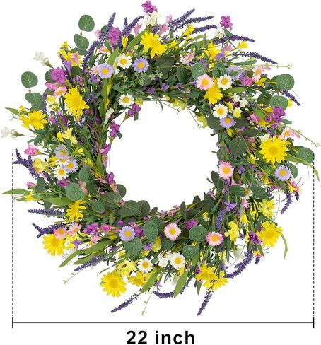 J'FLORU Spring Wreaths for Front Door 22 Inch Artificial Spring Wreath Summer Flower Wreath with Daisy and Lavender for Indoor Outdoor Wall Window and Easter Celebration in Saudi Arabia