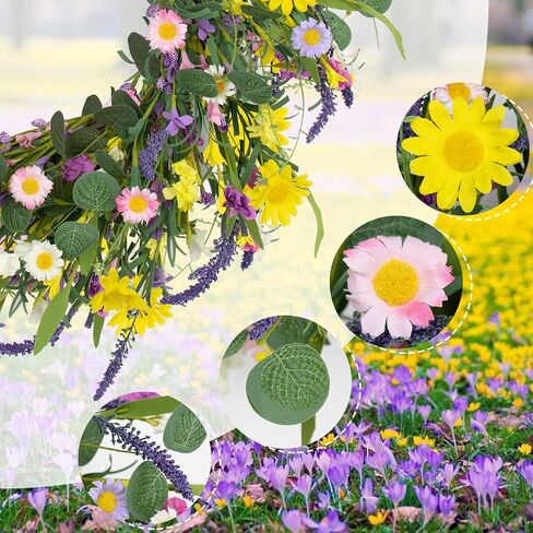 J'FLORU Spring Wreaths for Front Door 22 Inch Artificial Spring Wreath Summer Flower Wreath with Daisy and Lavender for Indoor Outdoor Wall Window and Easter Celebration in Saudi Arabia