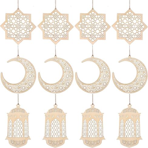 WILLBOND 12 Pieces Eid Mubarak Ornament Hollow Wooden Pendant Ramadan Ornament Hanging Moon Lantern Star Shape Ornament for Muslim Islam Festive Home Room Table Decoration in Saudi Arabia