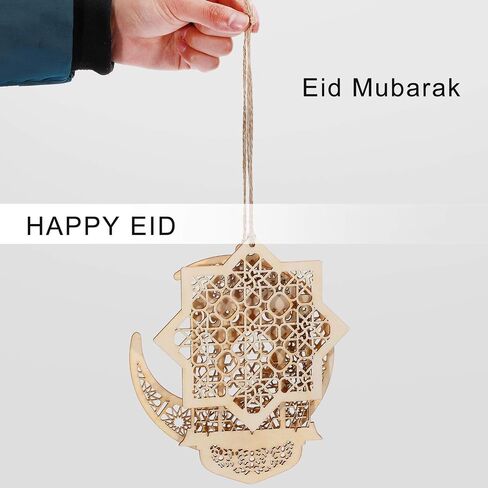 WILLBOND 12 Pieces Eid Mubarak Ornament Hollow Wooden Pendant Ramadan Ornament Hanging Moon Lantern Star Shape Ornament for Muslim Islam Festive Home Room Table Decoration in Saudi Arabia