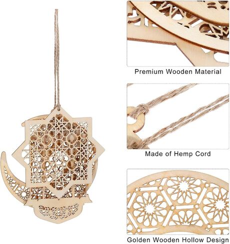 WILLBOND 12 Pieces Eid Mubarak Ornament Hollow Wooden Pendant Ramadan Ornament Hanging Moon Lantern Star Shape Ornament for Muslim Islam Festive Home Room Table Decoration in Saudi Arabia
