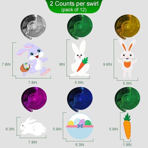 زينة دوامة معلقة لعيد الفصح - عبوة من 36 قطعة | زينة عيد الفصح - زينة على شكل أرنب بيضة عيد الفصح، زخارف من رقائق معدنية معلقة للمنزل والمكتب والمدرسة - لوازم زينة لحفلات عيد الفصح in Kuwait