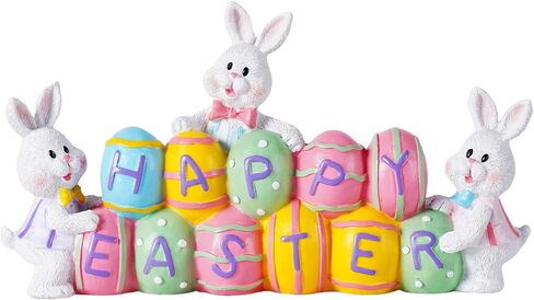 3 Easter Bunny Holding Eggs and Happy Easter Decorations, Resin Easter Bunny Rabbits Figurine Tabletop Centerpiece for Spring Decor Easter Home Office Party Decor… in Kuwait