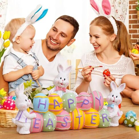 3 Easter Bunny Holding Eggs and Happy Easter Decorations, Resin Easter Bunny Rabbits Figurine Tabletop Centerpiece for Spring Decor Easter Home Office Party Decor… in Kuwait