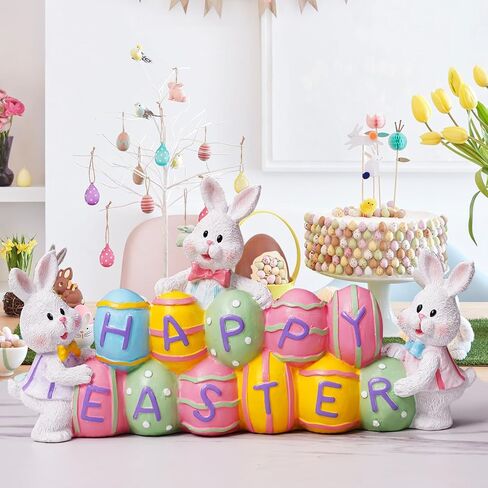 3 Easter Bunny Holding Eggs and Happy Easter Decorations, Resin Easter Bunny Rabbits Figurine Tabletop Centerpiece for Spring Decor Easter Home Office Party Decor… in Kuwait