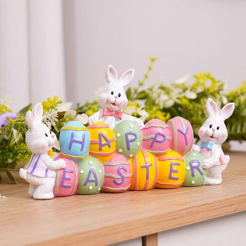 3 Easter Bunny Holding Eggs and Happy Easter Decorations, Resin Easter Bunny Rabbits Figurine Tabletop Centerpiece for Spring Decor Easter Home Office Party Decor… in Kuwait