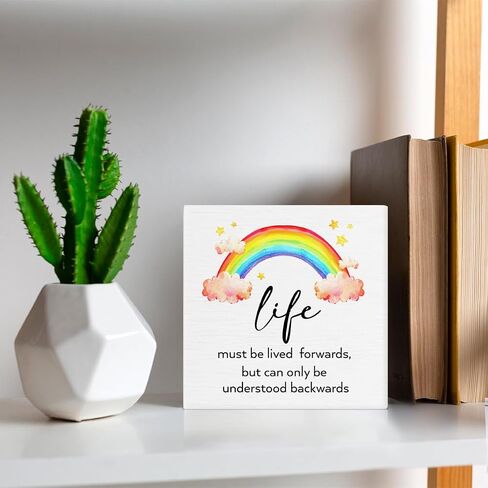 Inspirational Life Sign Life Quote Wooden Box Sign Rainbow Art Desk Decorative Wooden Sign Home Decor for Desk Table Shelf 5 x 5 Inches in Saudi Arabia
