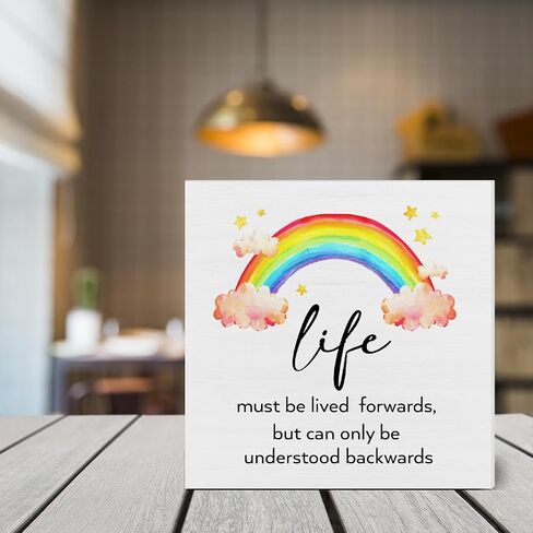 Inspirational Life Sign Life Quote Wooden Box Sign Rainbow Art Desk Decorative Wooden Sign Home Decor for Desk Table Shelf 5 x 5 Inches in Saudi Arabia