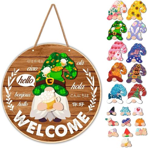 Interchangeable Welcome Sign for Front Door DIY Holiday Seasonal Gnome Wreath Wood Sign Decoration with Detachable Hats and Swappable Pieces Door Home Wall Decor (21 Pcs) in Kuwait