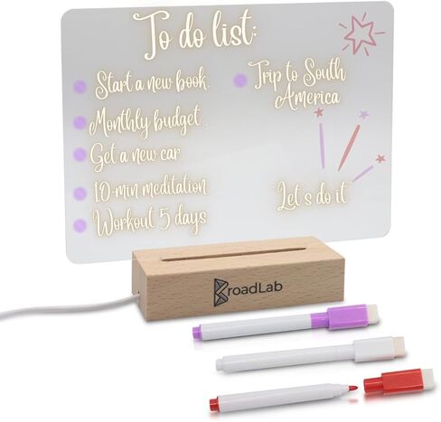 BroadLab Clear Acrylic Desk Organizer Dry Erase Manifestation Board with Light Up Wooden Stand for Notes 7.2 x 5.2 inch Mini LED Drawing Pad Sign Message Lightboard Writing Boards Memo Letterboard in Kuwait