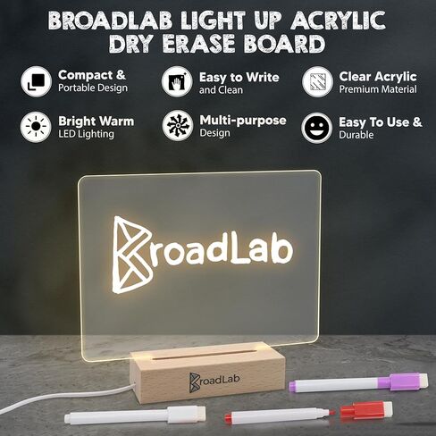 BroadLab Clear Acrylic Desk Organizer Dry Erase Manifestation Board with Light Up Wooden Stand for Notes 7.2 x 5.2 inch Mini LED Drawing Pad Sign Message Lightboard Writing Boards Memo Letterboard in Kuwait