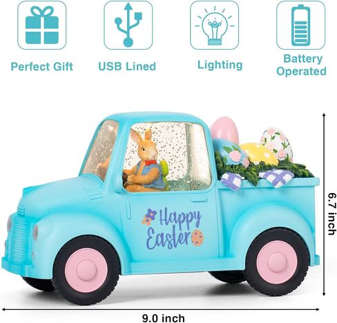 Easter Snow Globe Lighted Blue Truck Loaded with Easter Eggs Décor, Snow Globe, Vintage Red Truck for Easter Decorations Gift Holiday Table Top Décor in Saudi Arabia