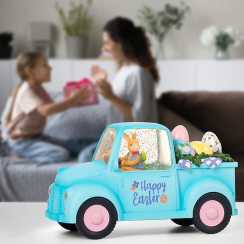 Easter Snow Globe Lighted Blue Truck Loaded with Easter Eggs Décor, Snow Globe, Vintage Red Truck for Easter Decorations Gift Holiday Table Top Décor in Saudi Arabia