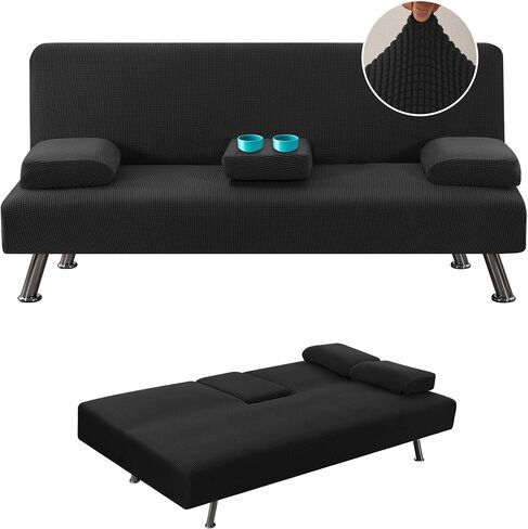 H.VERSAILTEX 4 Pieces Stretch Futon Covers Sofa Bed Slipcover with Removable Armrests and Cupholders Covers Furniture Protector High Spandex Small Checks Jacquard Fabric, Black in Saudi Arabia