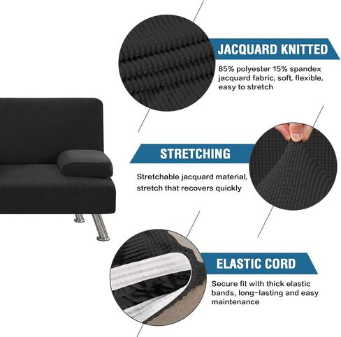 H.VERSAILTEX 4 Pieces Stretch Futon Covers Sofa Bed Slipcover with Removable Armrests and Cupholders Covers Furniture Protector High Spandex Small Checks Jacquard Fabric, Black in Saudi Arabia