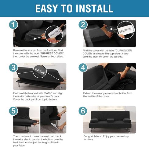 H.VERSAILTEX 4 Pieces Stretch Futon Covers Sofa Bed Slipcover with Removable Armrests and Cupholders Covers Furniture Protector High Spandex Small Checks Jacquard Fabric, Black in Saudi Arabia